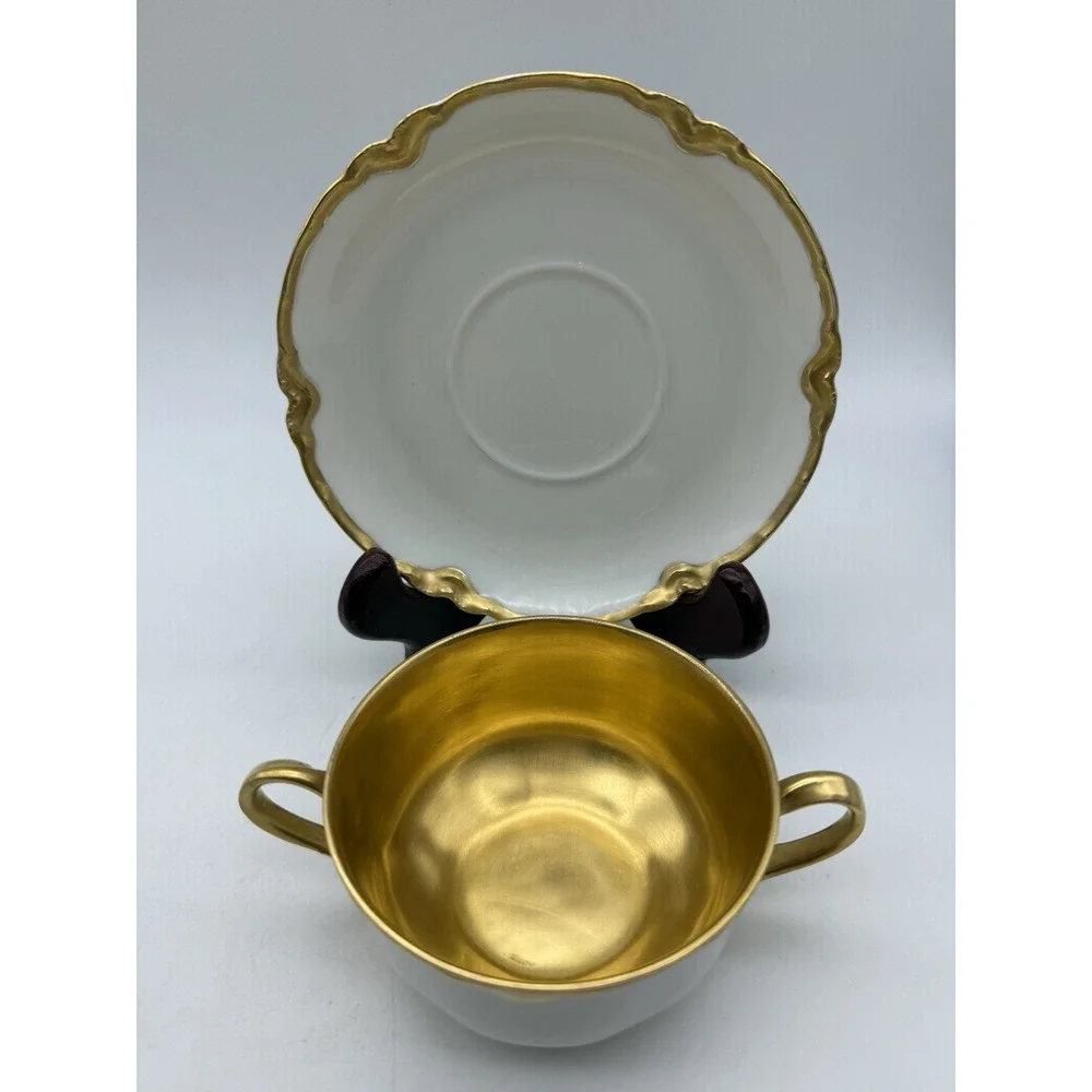 4 Antique Haviland France Limoges Gold Gilt Ranson Bouillon Cups & Saucers